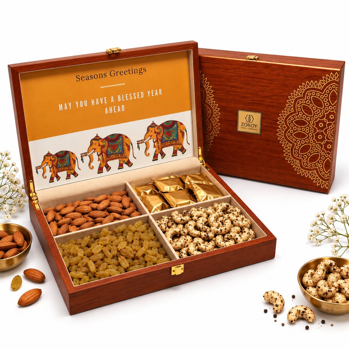 ZOROY Wooden Box Dry Fruit & Chocolate Hamper | Diwali Corporate Gifts | Employee, Client & Family Gifting
