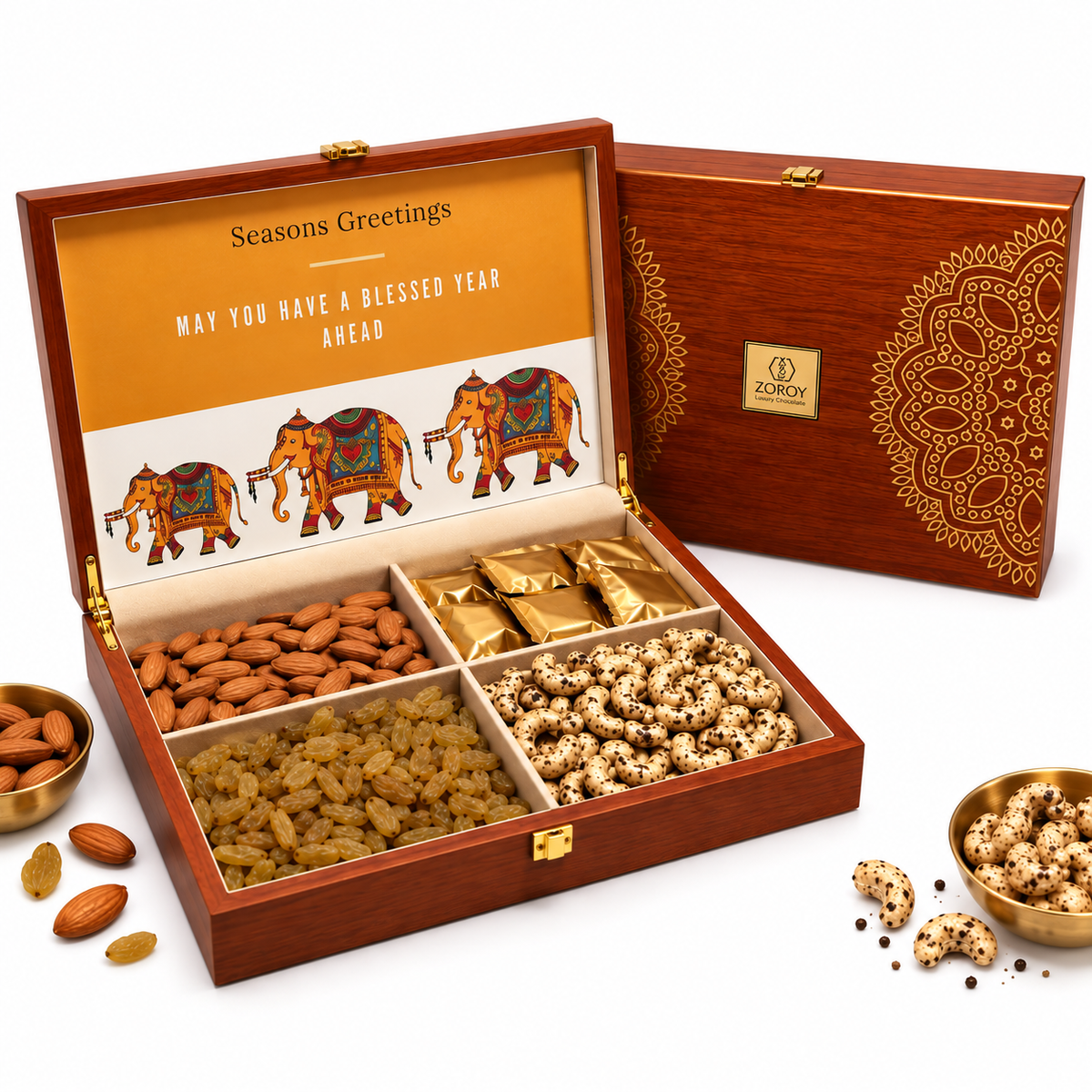 ZOROY Wooden Box Dry Fruit & Chocolate Hamper | Diwali Corporate Gifts | Employee, Client & Family Gifting