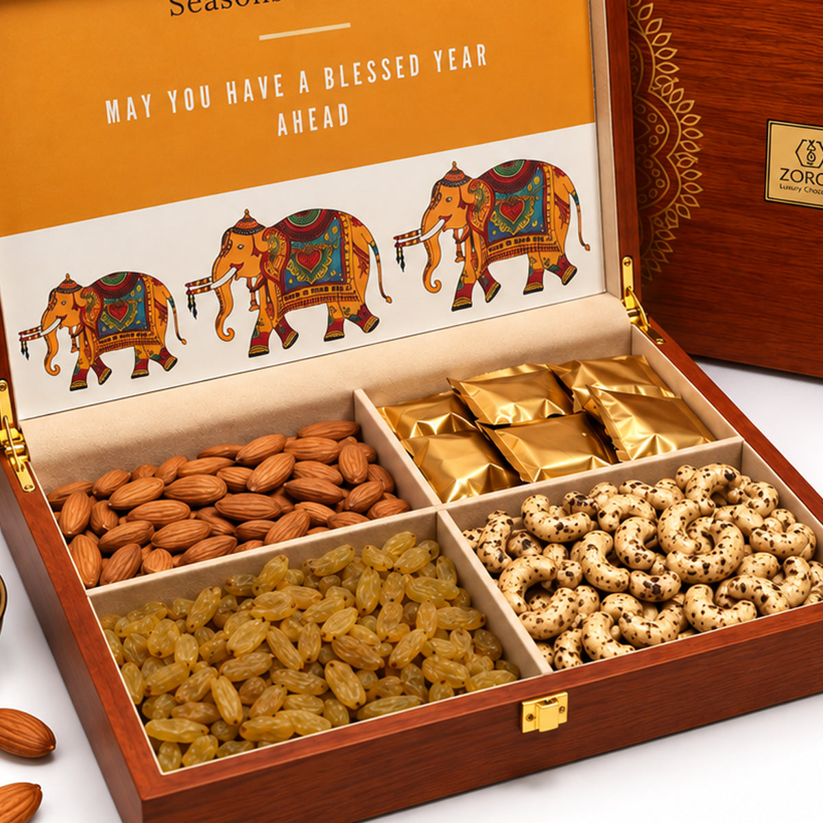 ZOROY Wooden Box Dry Fruit & Chocolate Hamper | Diwali Corporate Gifts | Employee, Client & Family Gifting