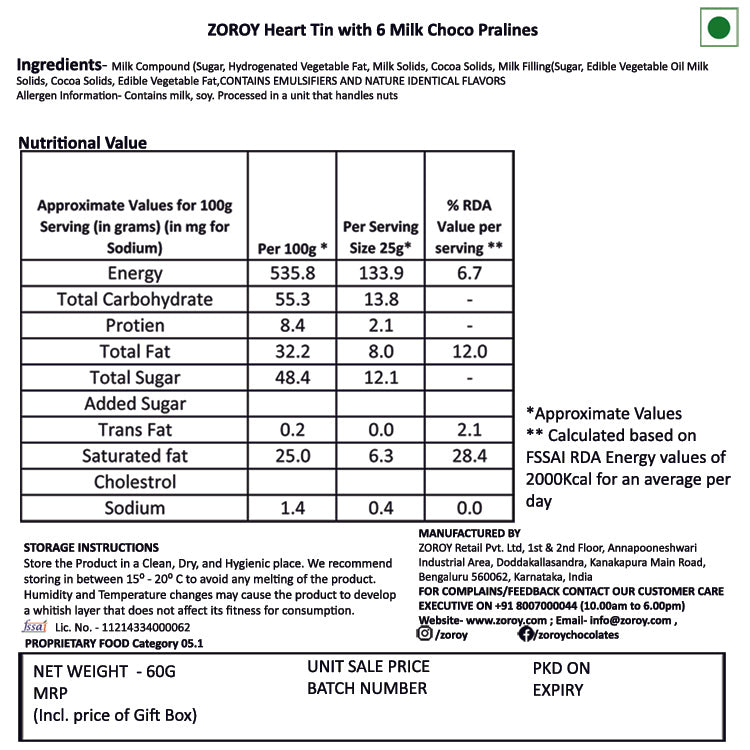 ZOROY Heart Tin with 6 Milk Chocolate Pralines | Luxury Valentine Gift Box | Romantic Chocolate Gift for Her/Him