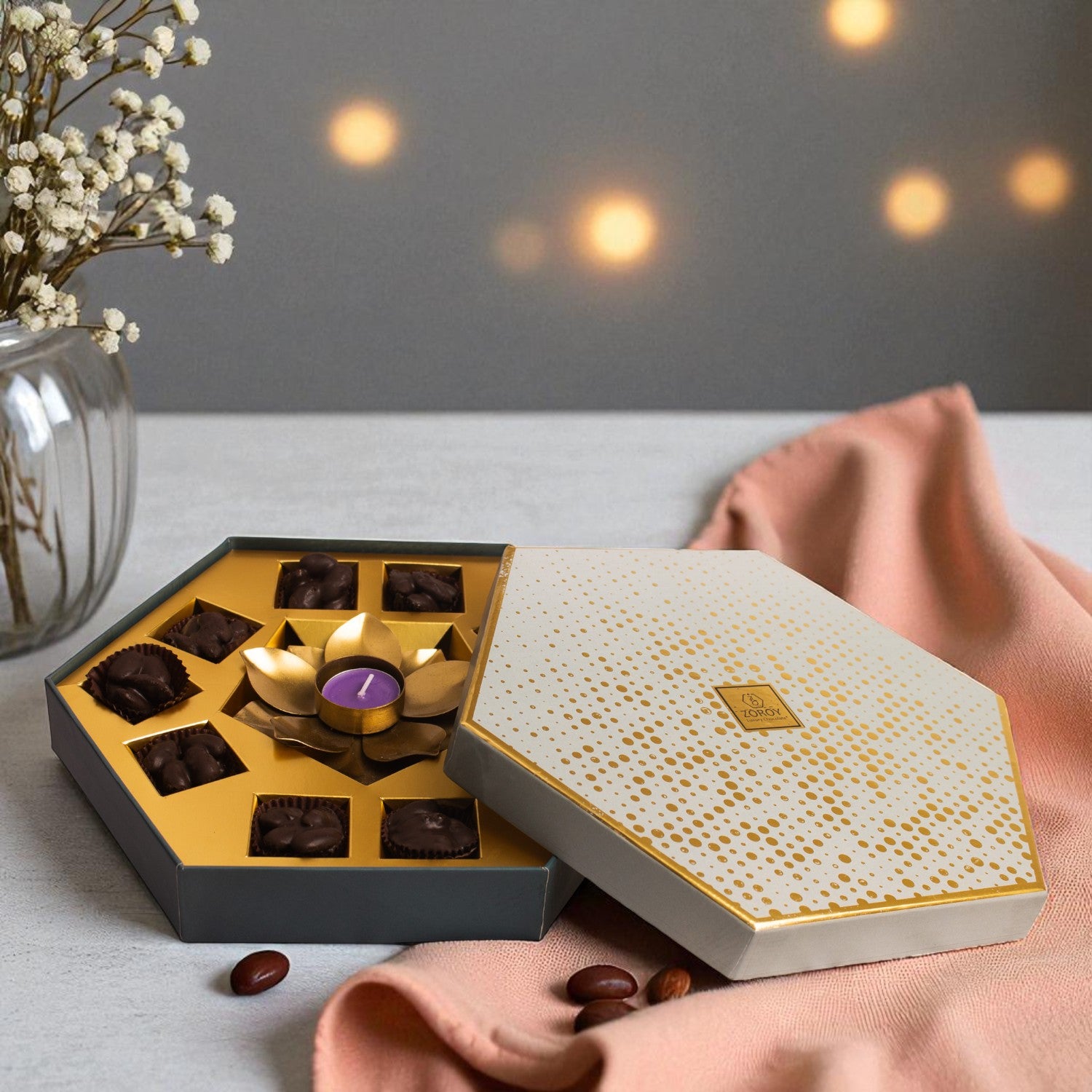 ZOROY Bling Hexagon Hamper | Festive Chocolate Gift Box with Almond Rochers & Lotus Metal T-Light Holder | Premium Diwali & Bulk Corporate Gift Box