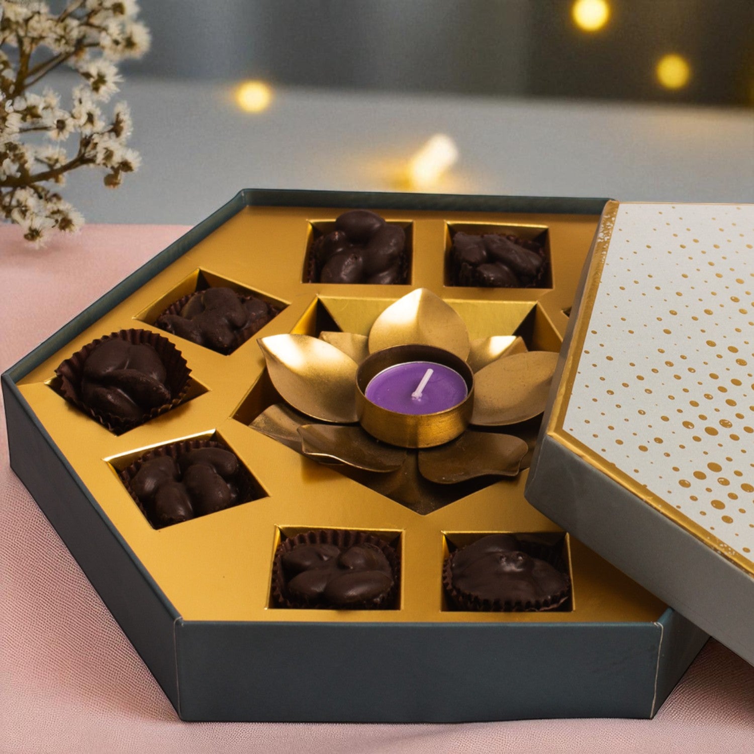 ZOROY Bling Hexagon Hamper | Festive Chocolate Gift Box with Almond Rochers & Lotus Metal T-Light Holder | Premium Diwali & Bulk Corporate Gift Box