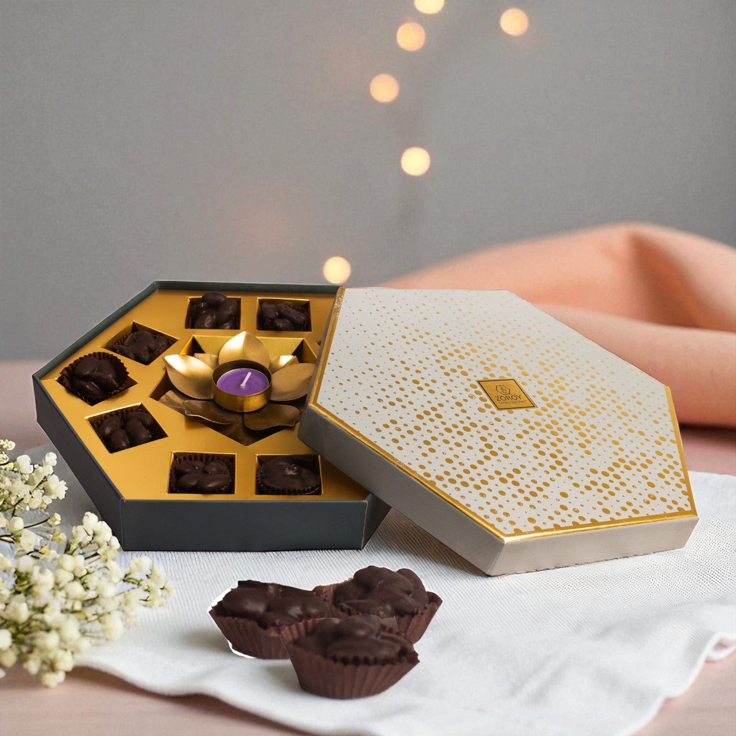 ZOROY Bling Hexagon Hamper | Festive Chocolate Gift Box with Almond Rochers & Lotus Metal T-Light Holder | Premium Diwali & Bulk Corporate Gift Box