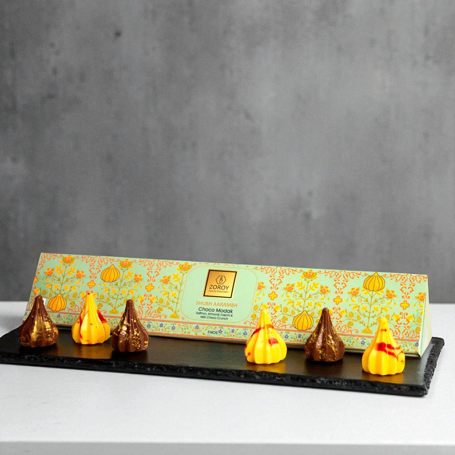 ZOROY Shubh Aarambh Choco Modak Box of 8  | 4 Saffron Almond Elaichi & 4 Milk Choco Crunch | Festive Gift Pack | Ganesh Chaturthi sweet