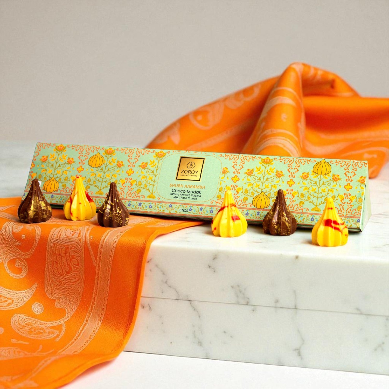 ZOROY Shubh Aarambh Choco Modak Box of 8  | 4 Saffron Almond Elaichi & 4 Milk Choco Crunch | Festive Gift Pack | Ganesh Chaturthi sweet