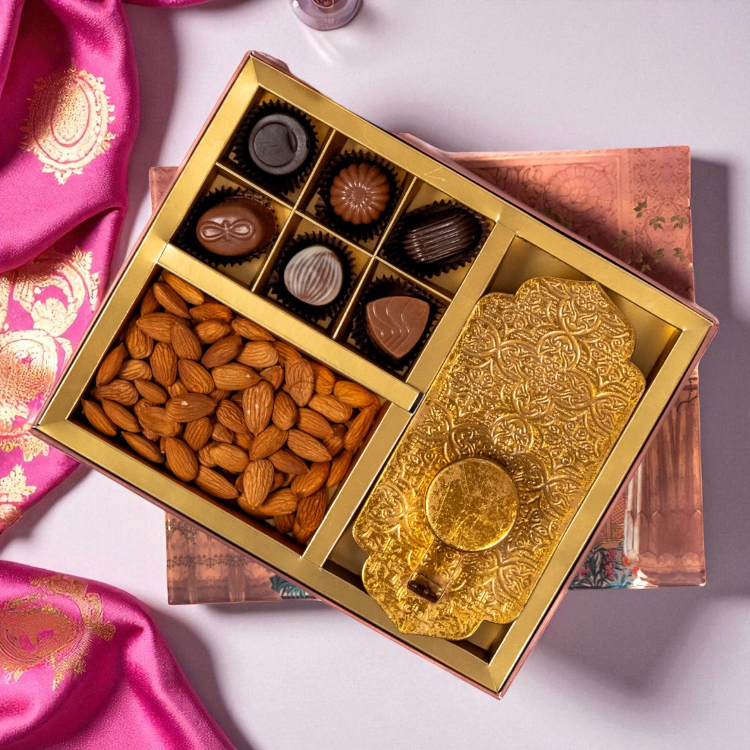 ZOROY Classic Combo Hamper – Dry Fruits, 6 Assorted Chocolates & Metal Votive T-Light Holder | Diwali Corporate & Bulk Fetive Gift "