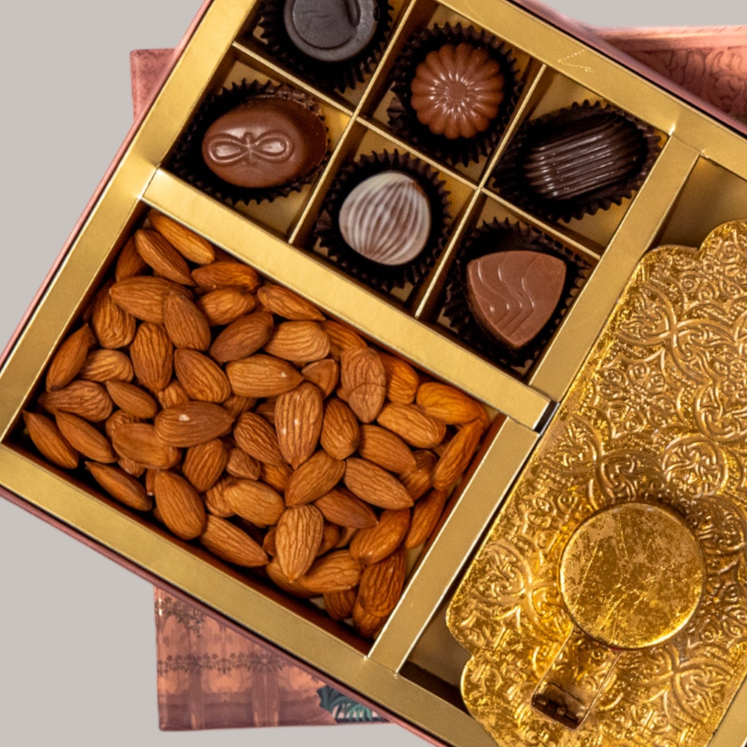 ZOROY Classic Combo Hamper – Dry Fruits, 6 Assorted Chocolates & Metal Votive T-Light Holder | Diwali Corporate & Bulk Fetive Gift "
