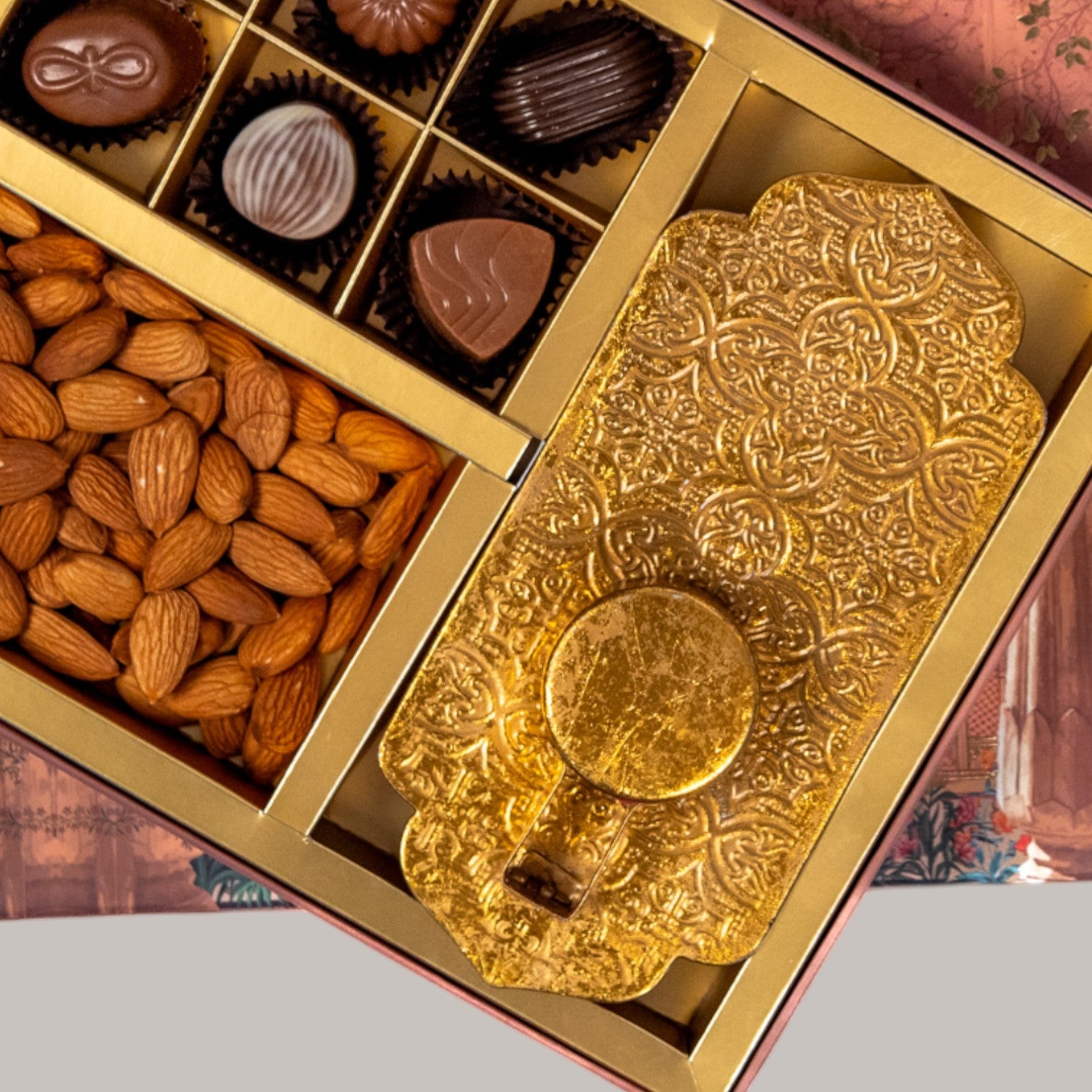 ZOROY Classic Combo Hamper – Dry Fruits, 6 Assorted Chocolates & Metal Votive T-Light Holder | Diwali Corporate & Bulk Fetive Gift "