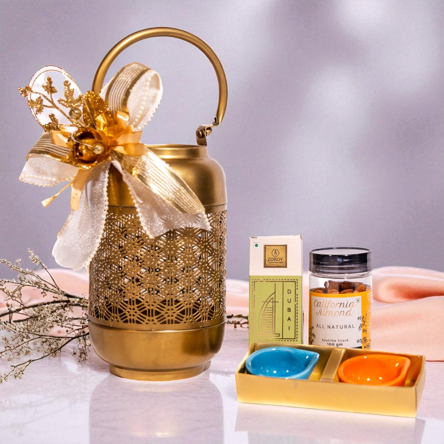 ZOROY Elegant Cutwork Lantern Gift Hamper | Premium Dry Fruits & Kunafa Pistachio Bar with Ceramic Diyas | Premium Diwali & Bulk Corporate Gift Box | Usable Gift