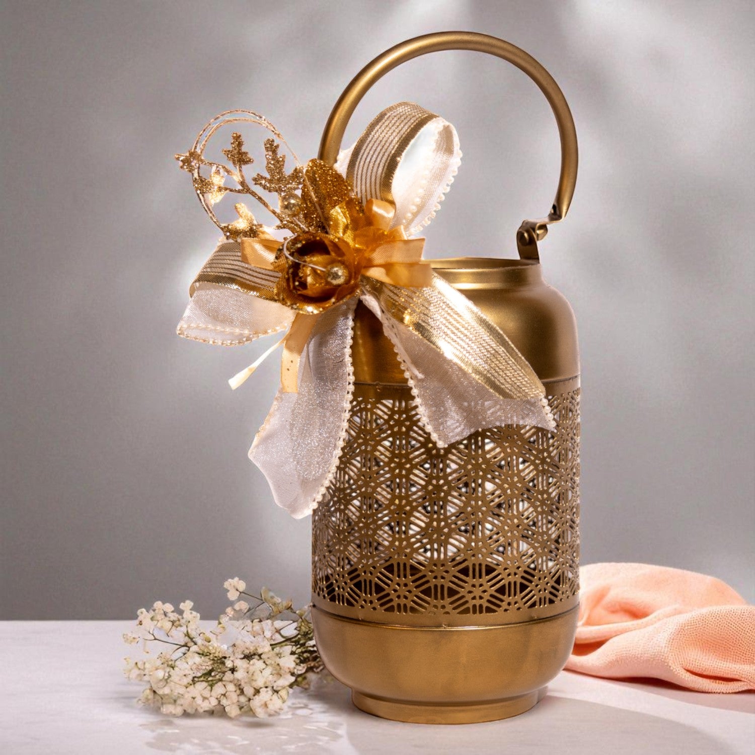 ZOROY Elegant Cutwork Lantern Gift Hamper | Premium Dry Fruits & Kunafa Pistachio Bar with Ceramic Diyas | Premium Diwali & Bulk Corporate Gift Box | Usable Gift