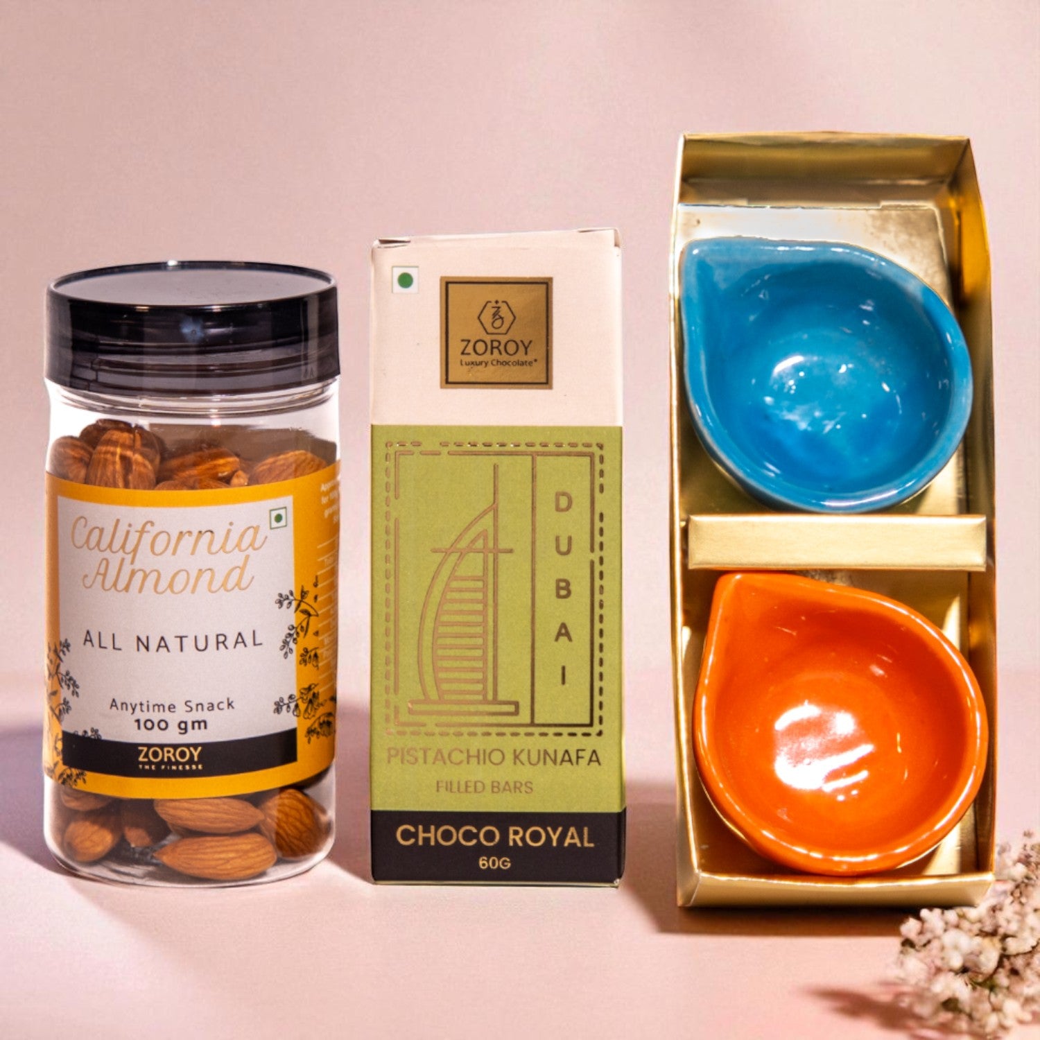 ZOROY Elegant Cutwork Lantern Gift Hamper | Premium Dry Fruits & Kunafa Pistachio Bar with Ceramic Diyas | Premium Diwali & Bulk Corporate Gift Box | Usable Gift