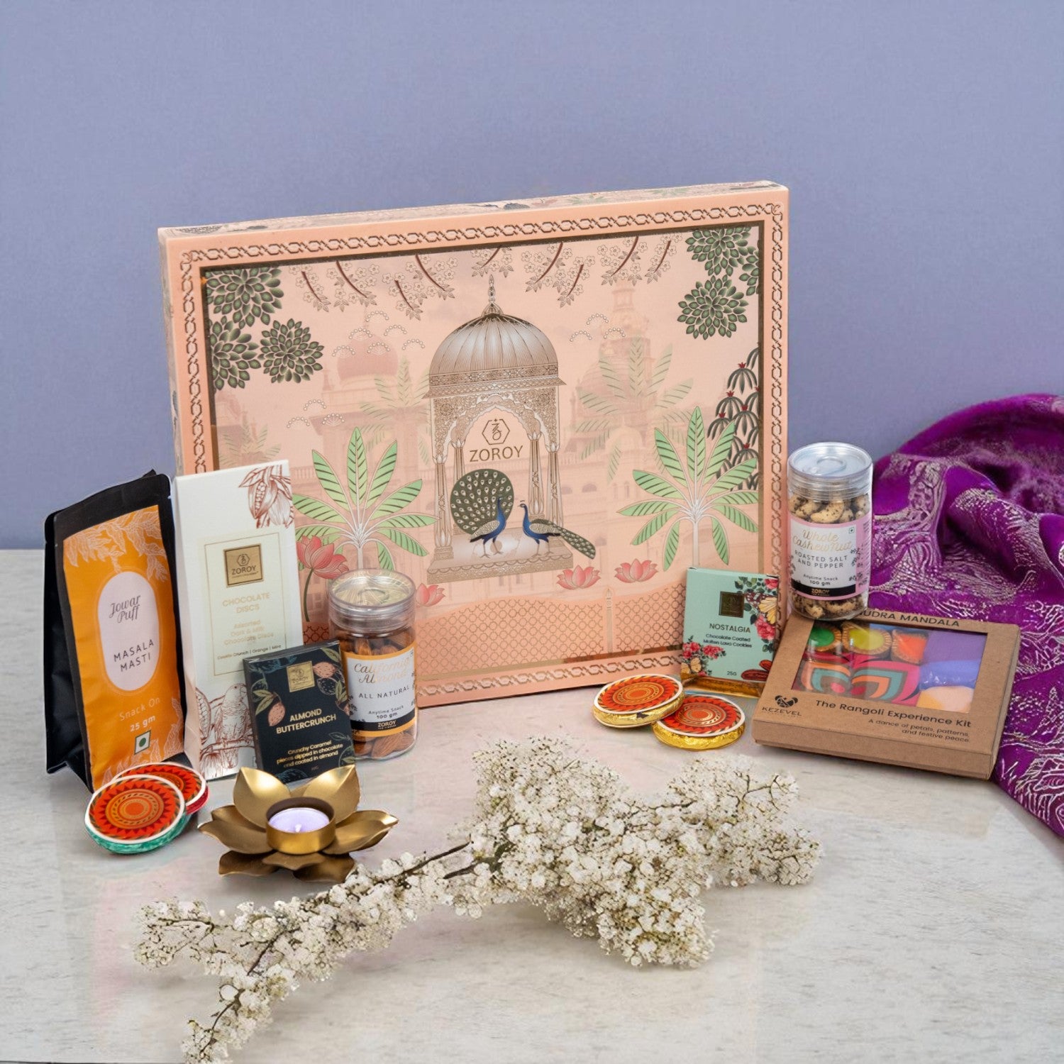 ZOROY Abundance hamper  – Ethnic Royal Gift Box with Almonds, Cashews, Chocolates, Rangoli Kit & Lotus tlite holder | Usable home décor | Premium Diwali Gift Basket for Corporate & Family Gifting