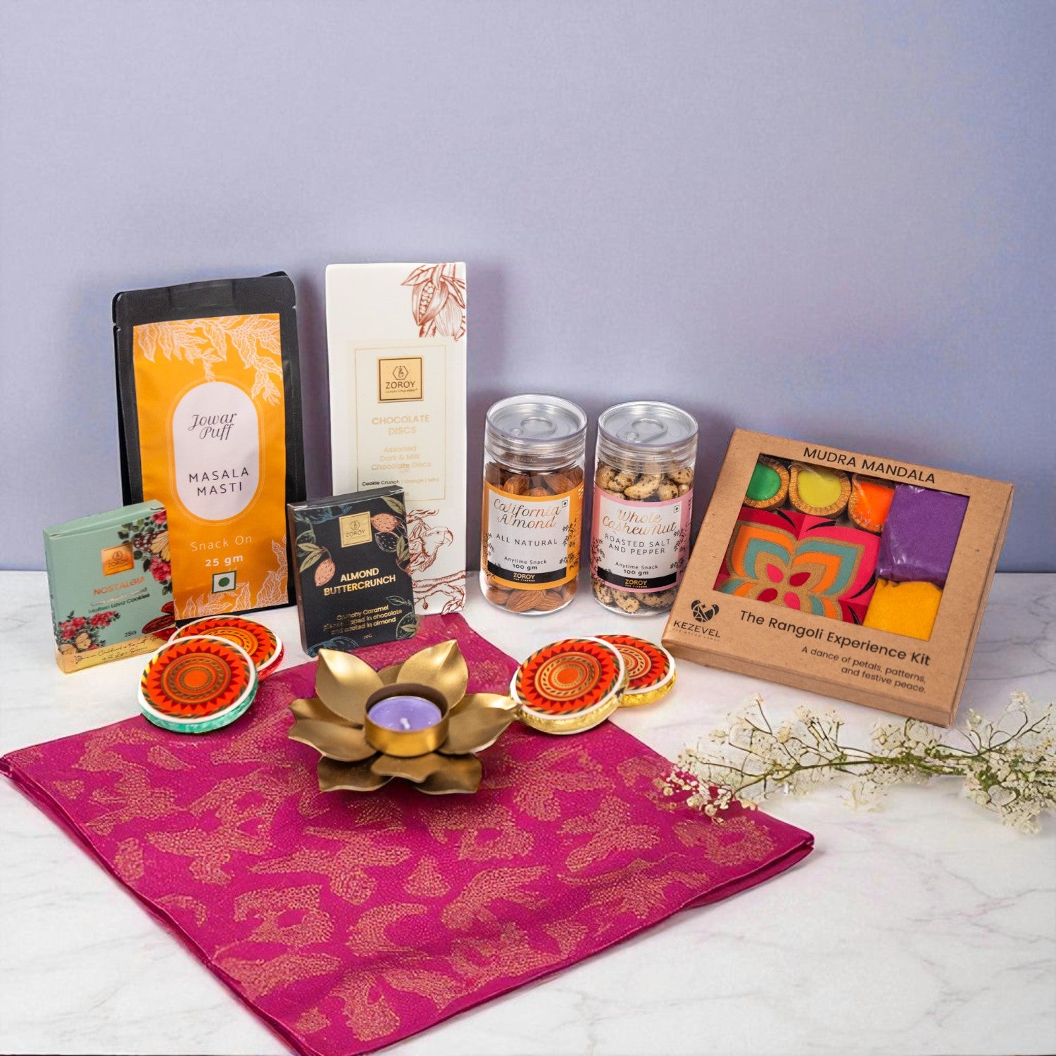 ZOROY Abundance hamper  – Ethnic Royal Gift Box with Almonds, Cashews, Chocolates, Rangoli Kit & Lotus tlite holder | Usable home décor | Premium Diwali Gift Basket for Corporate & Family Gifting