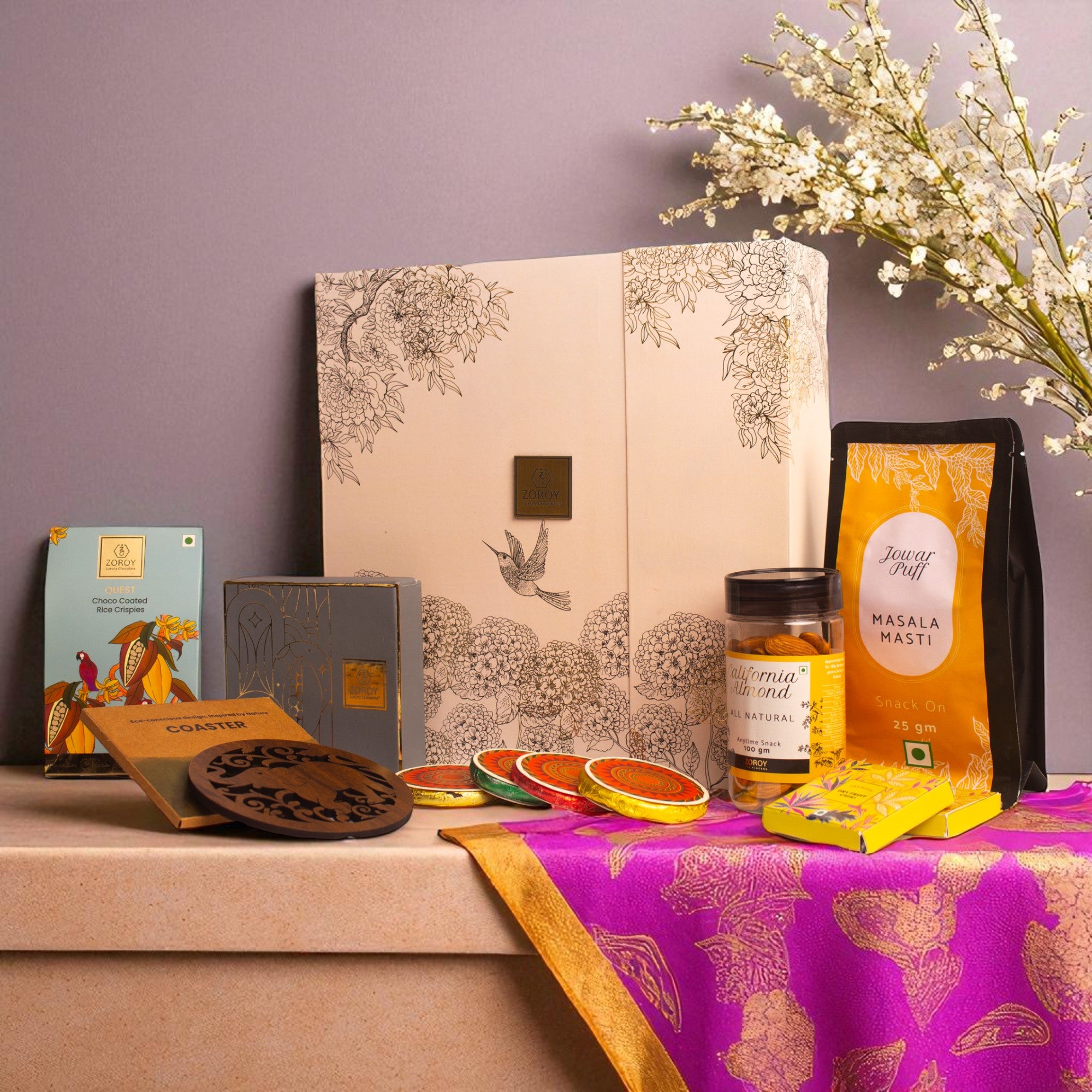 ZOROY Gold Blooms Diwali Gift Hamper – Luxury 2-Door Festive Box with Chocolates, Dry Fruits, Diyas & Usable Home décor gifts  – Premium Corporate & Family Gifting