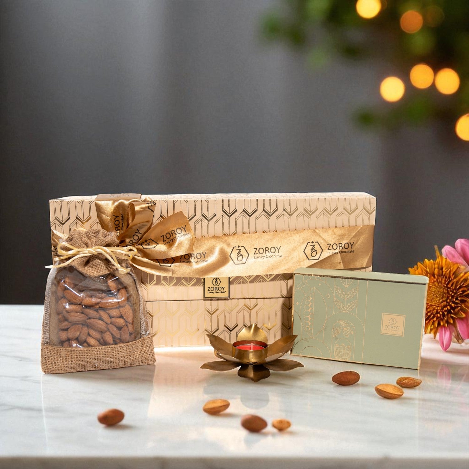 ZOROY Diwali Festive Hamper of chocolates, dry fruits and t lite candle holder
