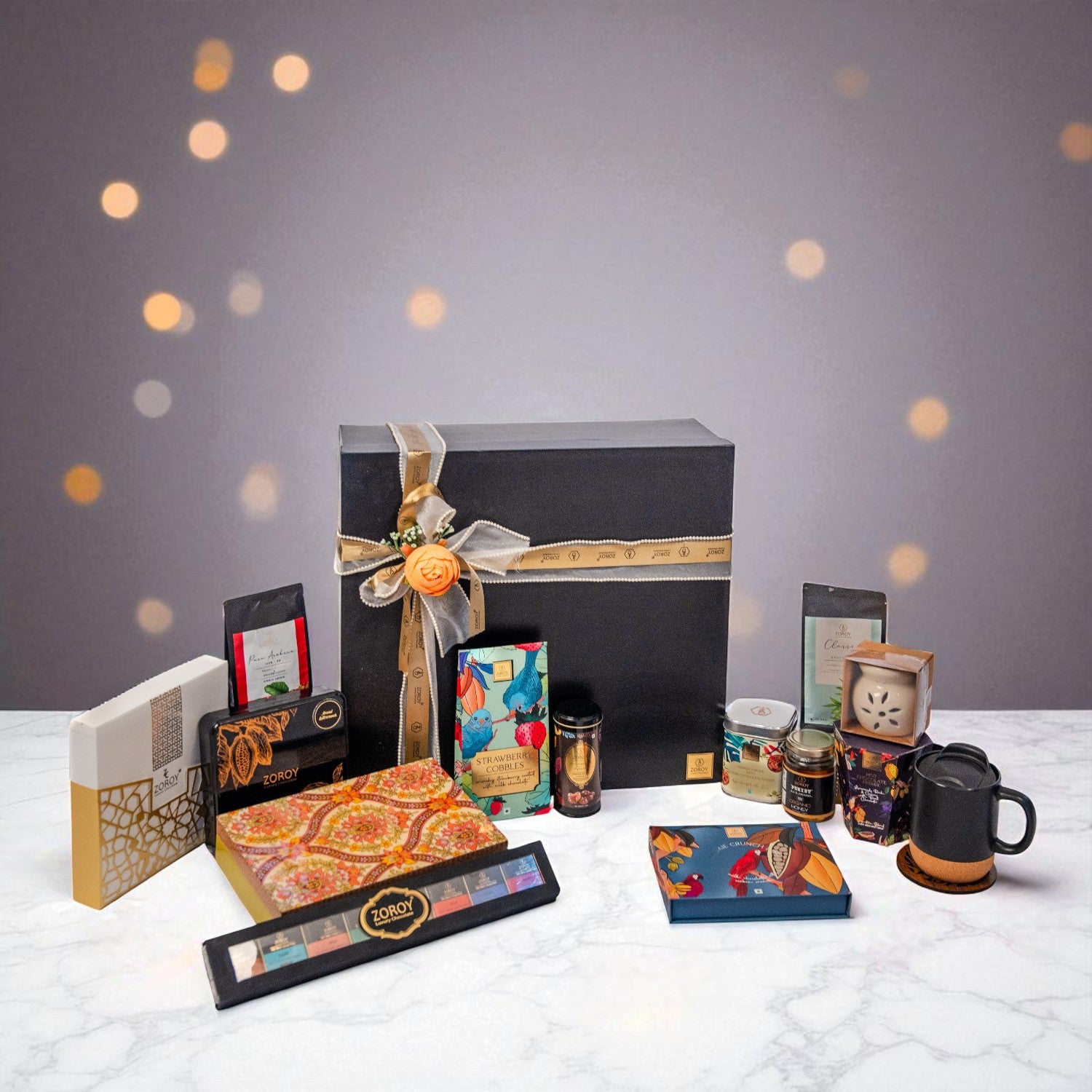 ZOROY Luxury Chocolate Leather feel Luxury Hamper| Belgian style chocolate | Chocolate coated nuts and Fruits | Arabica Coffee | Green Tea | Hot Chocolate Premix | Electric Diffuser | 100% Veg