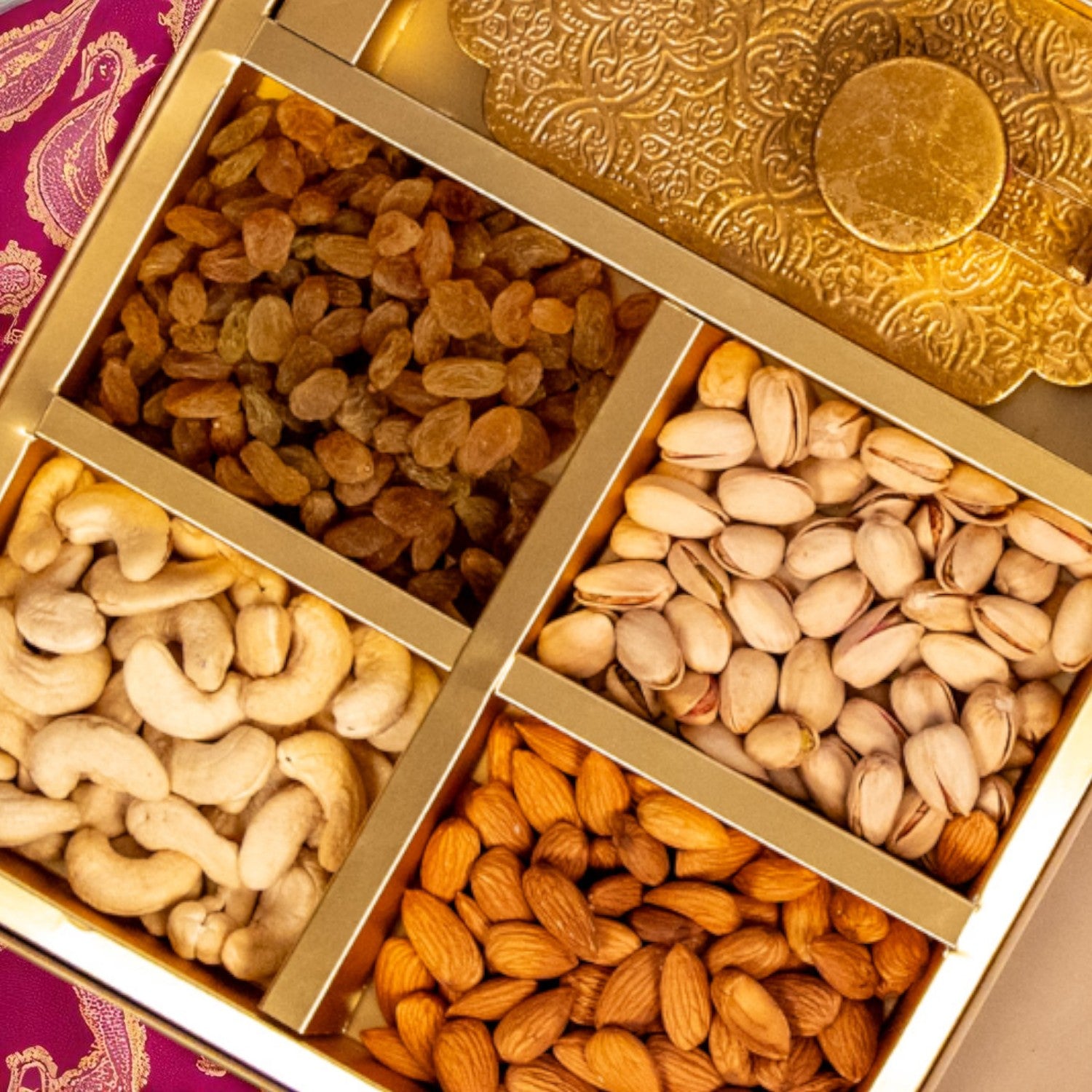 ZOROY Luxe Combo Hamper | Premium Assorted Dry Fruits & Chocolates with Metal Votive T-Light Holder | Diwali Festive & Corporate Gifting