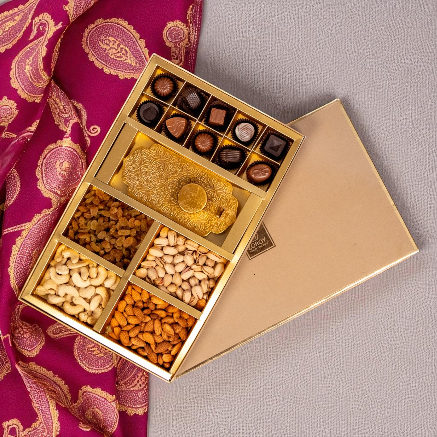 ZOROY Luxe Combo Hamper | Premium Assorted Dry Fruits & Chocolates with Metal Votive T-Light Holder | Diwali Festive & Corporate Gifting
