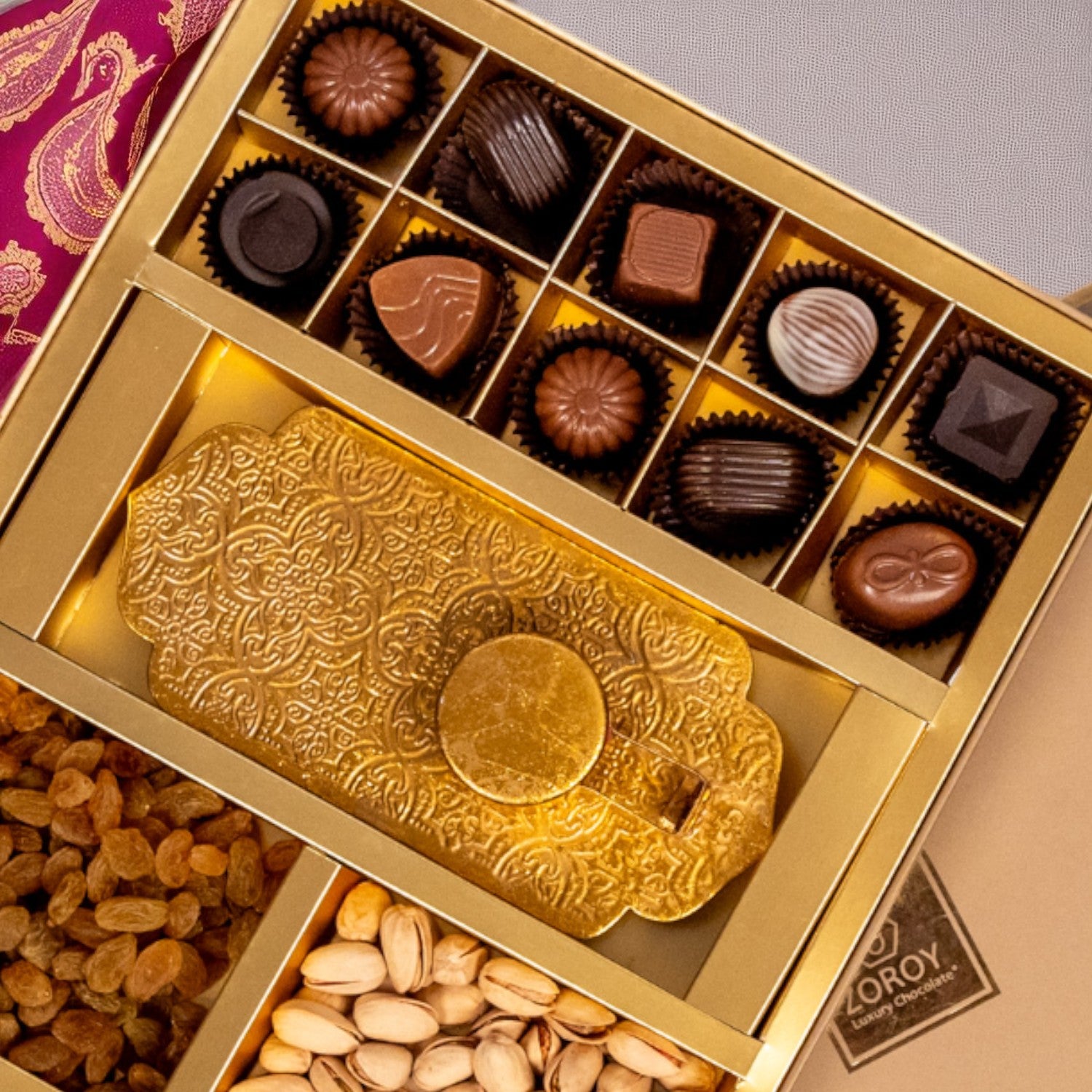 ZOROY Luxe Combo Hamper | Premium Assorted Dry Fruits & Chocolates with Metal Votive T-Light Holder | Diwali Festive & Corporate Gifting