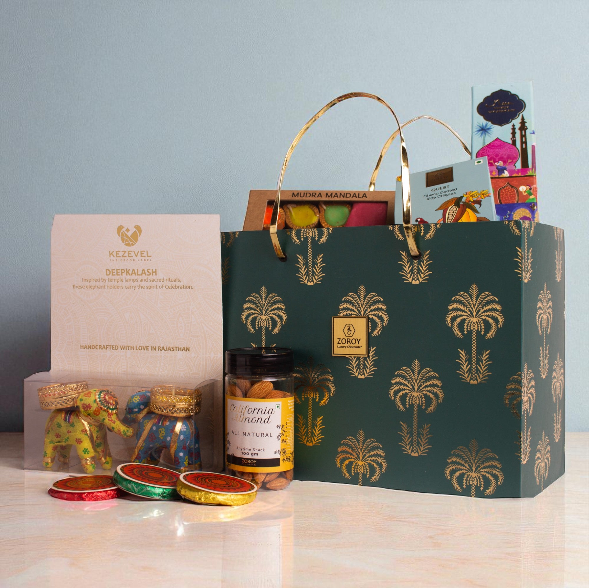 ZOROY Palms Bloom Hamper Basket – Luxury Festive Gift Basket with Chocolates, Dry Fruits, Baklawa, Rangoli Kit, Handmade tlite Candle Holders – Diwali Corporate Gifting | Premium Bulk & Festive gifting   "
