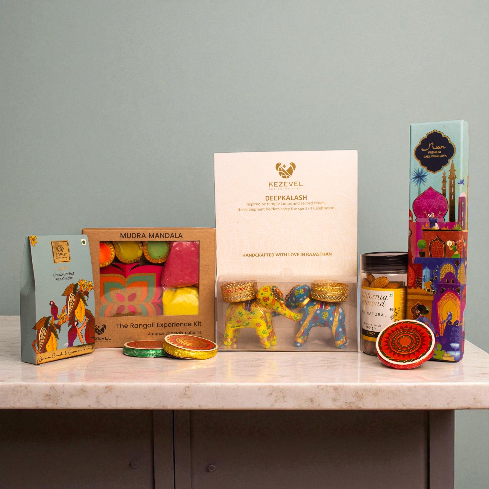 ZOROY Palms Bloom Hamper Basket – Luxury Festive Gift Basket with Chocolates, Dry Fruits, Baklawa, Rangoli Kit, Handmade tlite Candle Holders – Diwali Corporate Gifting | Premium Bulk & Festive gifting   "
