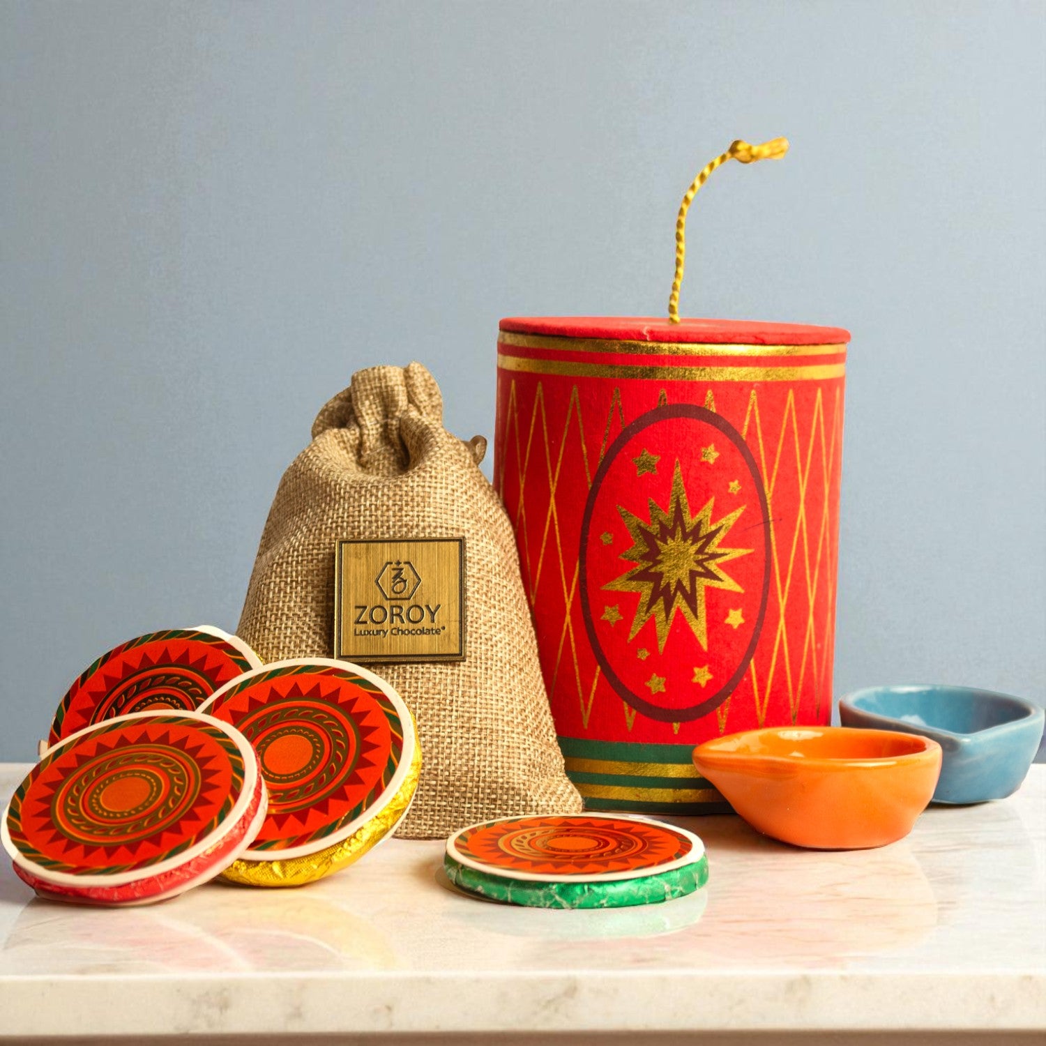 ZOROY Pataka Hamper – Festive Dry Fruit & Diya Gift Box with Mixed Dry Fruits, Ceramic Diyas & Choco Biscuits | Diwali, Corporate & Bulk Festive Gifting