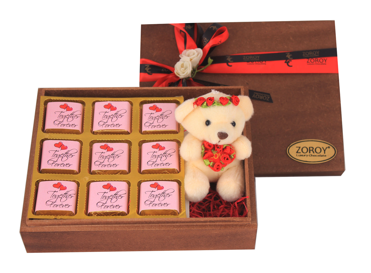 ZOROY LUXURY CHOCOLATE Valentines day Wood Box with 9 Dark chocolates and a teddy Bear Love Gift - 90gms For Girlfriend | Boyfriend Anniversary Gifts For Wife | Husband | Love Chocolates couples