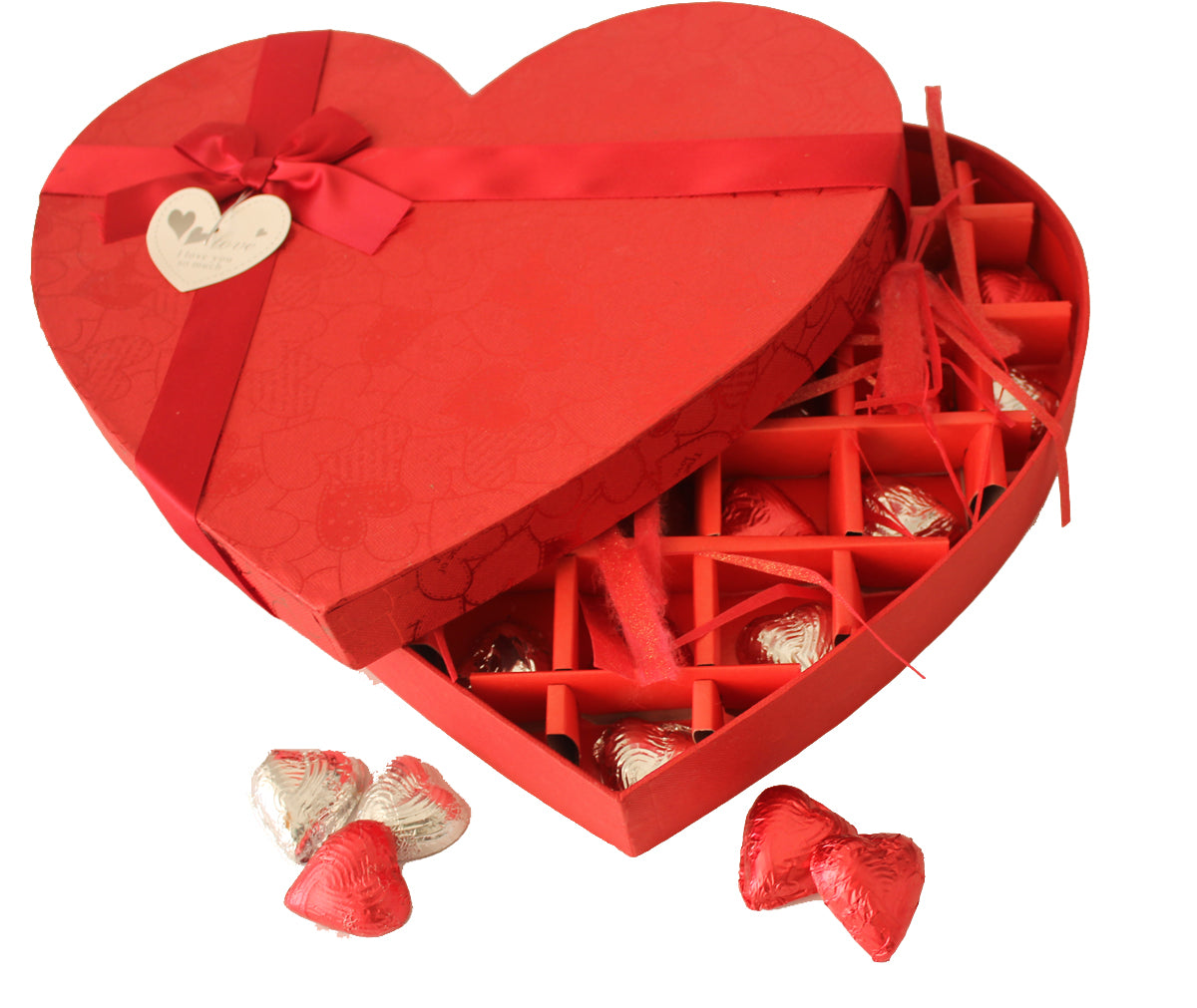 Valentines day special red heart box with 25 red and silver wrapper having milk chocolates.