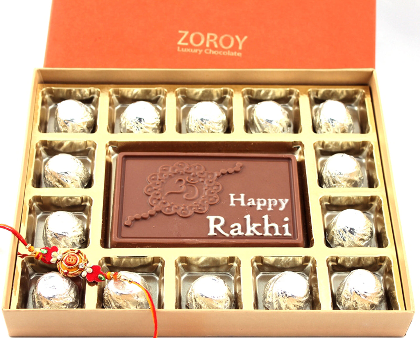 ZOROY Luxury Chocolate Rakhi Gift - Gift for Bother/ Sister Happy Rakhi embossed Chocolates Box with Rich Milk and Rakhi | RAKSHABANDHAN Message Chocolate | Rakhi gift combo | rakhi chocolate pack