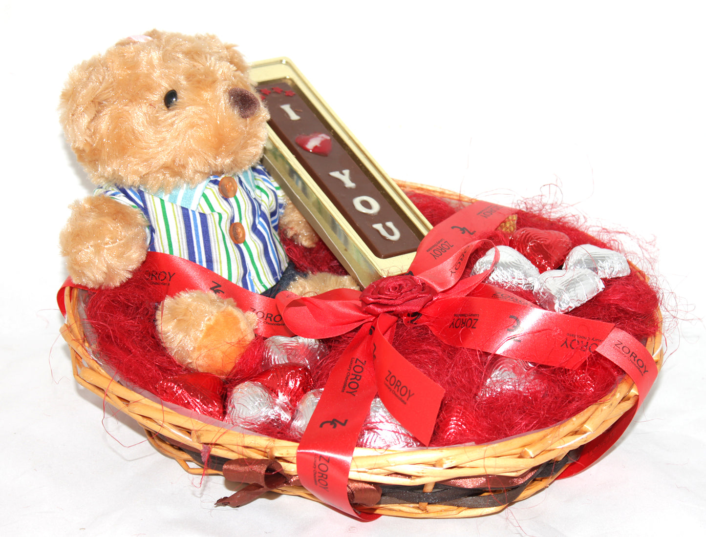 The Romance Him Gift Hamper with 7 inch teddy bear, I love you bar, and 15 milk chocolate hearts