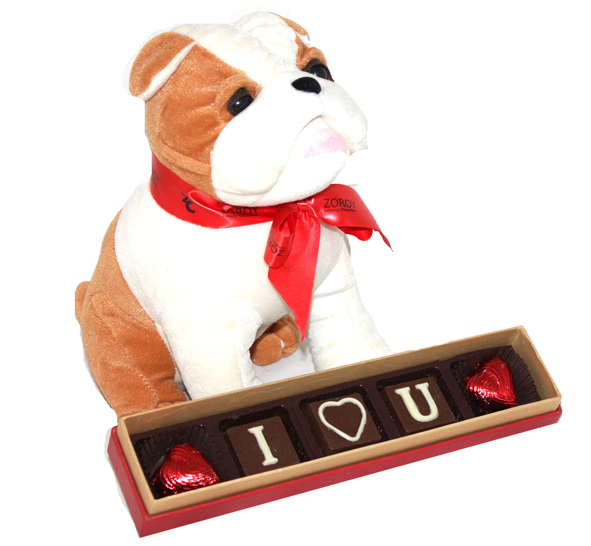 Puppy soft toy holding a "ILU" message chocolate box