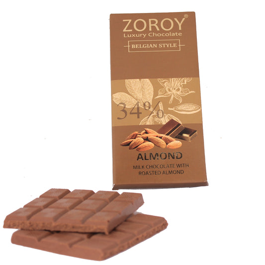 ZOROY LUXURY CHOCOLATE 100% Couverture Milk chocolate Almond bar | Signature Belgian style chocolate | Almond chocolate | 100 grams