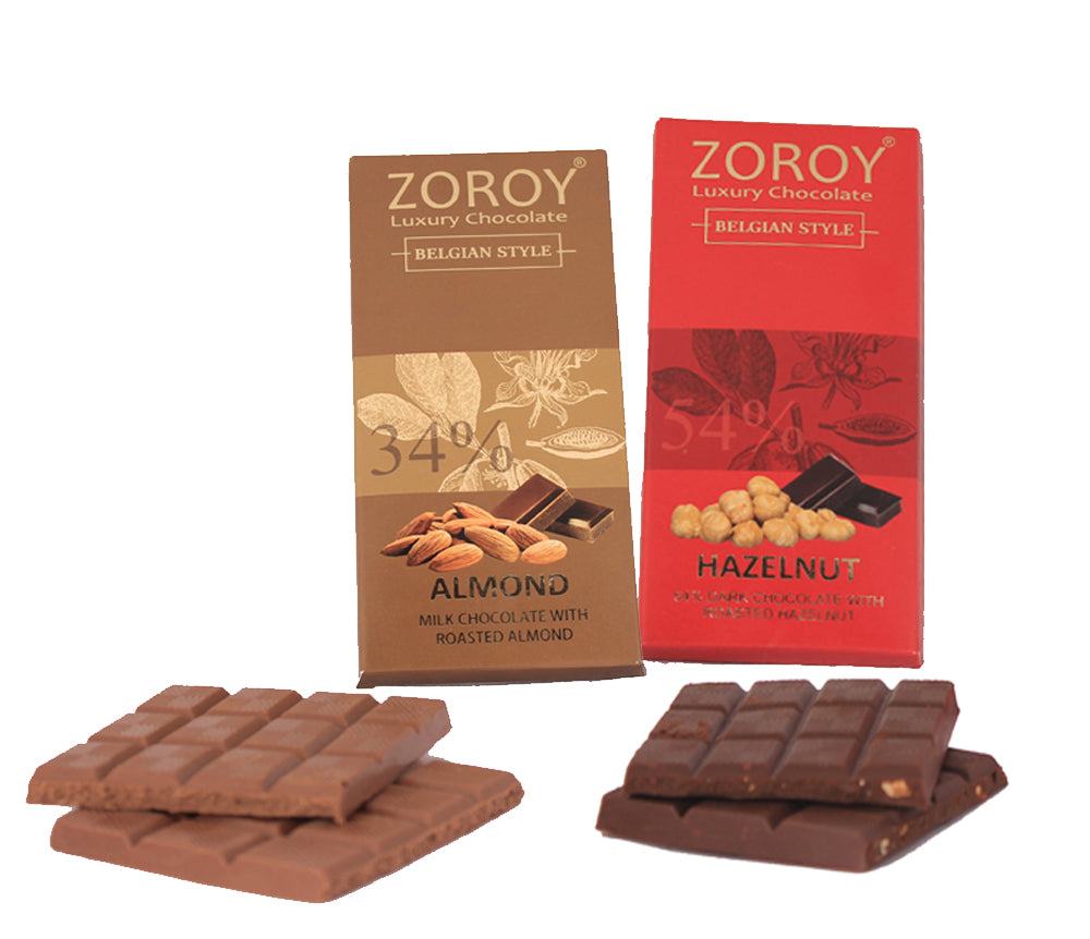 ZOROY LUXURY CHOCOLATE 100% Couverture Milk chocolate Almond bar | Dark chocolate Hazelnut bar | Signature Belgian style chocolate | Almond bar | Hazelnut bar | Set of 2 | 100 grams each