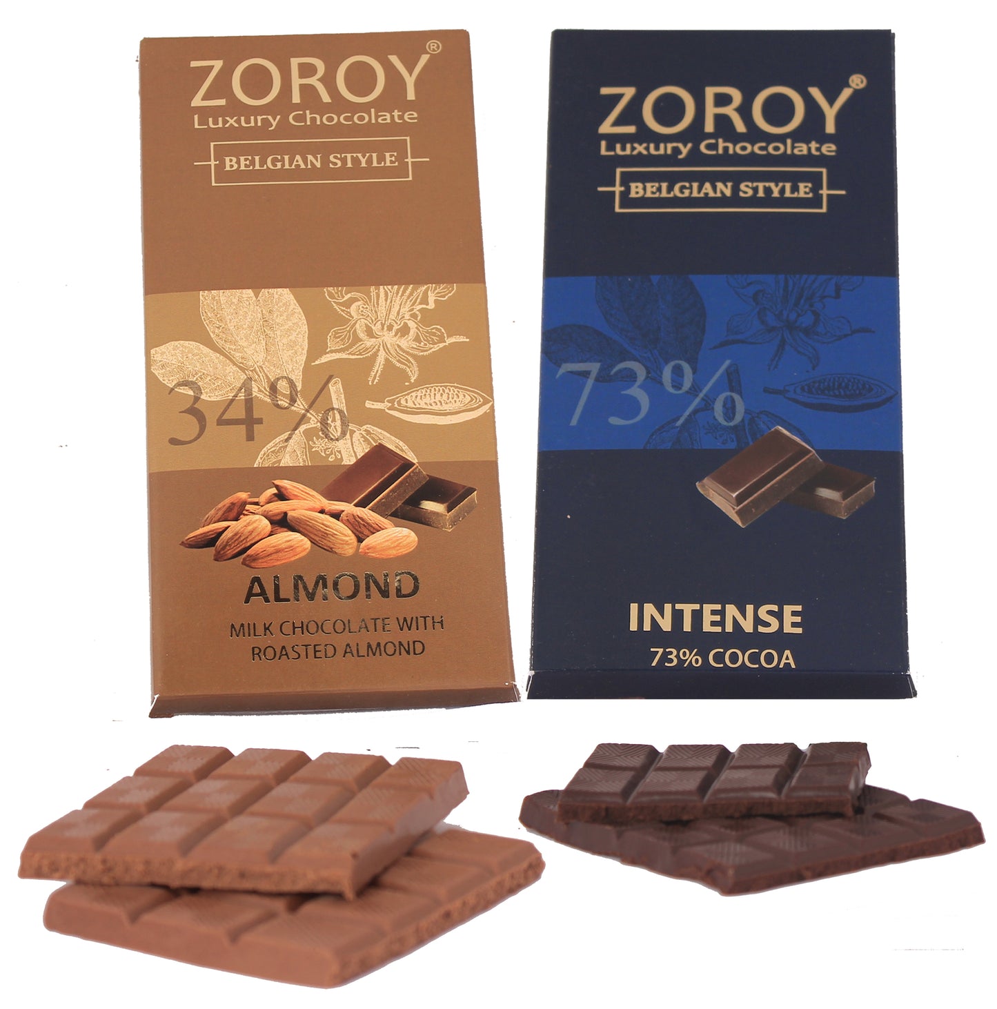 ZOROY LUXURY CHOCOLATE 100% Couverture 73% Dark chocolate bar | Milk Almond chocolate bar | Signature Belgian style chocolate |Cocoa Butter Chocolates | Cooking chocolate | Set of 2 | 100 grams each