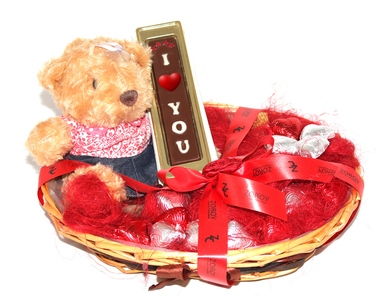ZOROY The Romance HER Gift Hamper with 7 inch teddy bear, I love you bar, and 15 milk chocolate hearts