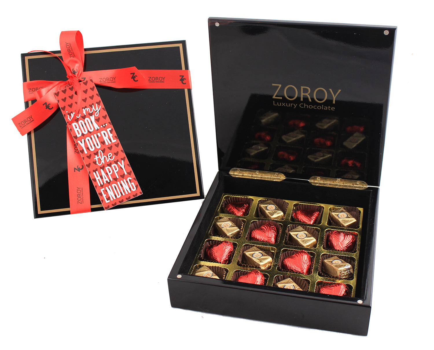 ZOROY LUXURY CHOCOLATE Valentines Day Love Gift Assorted chocolate hearts and pralines in a black wooden box of 16 - 175 Gms For Girlfriend | Boyfriend Anniversary Gifts For Wife | Husband