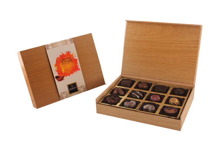 ZOROY Happy Diwali Wooden Box of 12 chocolate pralines