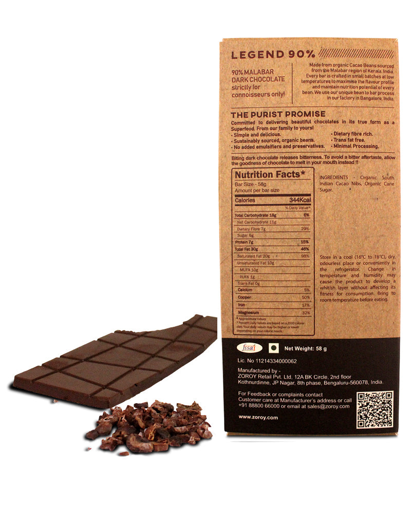 ZOROY Bean to Bar Purist Collection, Legend 90% Organic Dark Chocolate bar, Pack of 2, 58gms Each - 116Gms