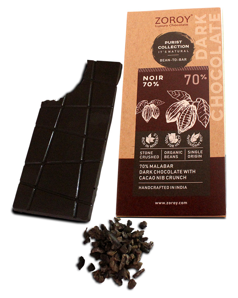 ZOROY Craft Bean to Bar Purist Collection Noir 70% Dark Organic Bean Bar with Cacao Nib Crunch bar, Pack of 2, 58gms Each - 116Gms