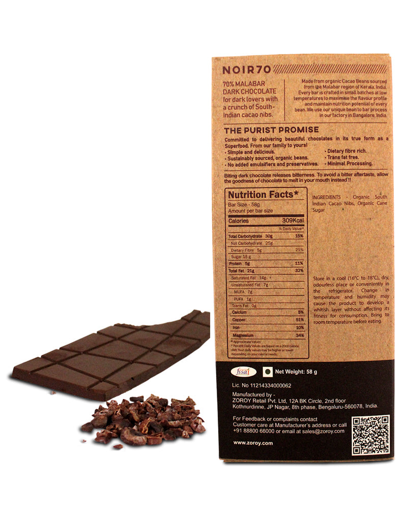 ZOROY Craft Bean to Bar Purist Collection Noir 70% Dark Organic Bean Bar with Cacao Nib Crunch bar, Pack of 2, 58gms Each - 116Gms