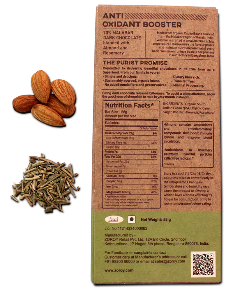 ZOROY Craft Purist Collection, Set of 2 70% Organic Bean Dark chocolate, Anti Oxidant Booster bar with Almonds and Rosemary - 116gms
