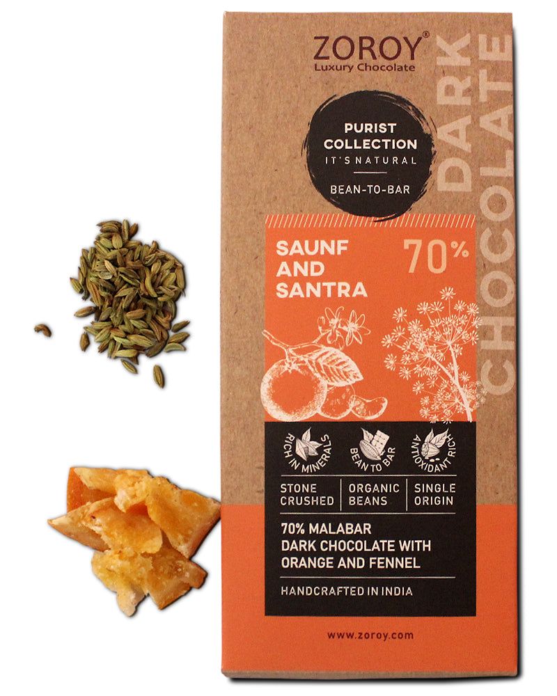 ZOROY Purist Collection, Set of 2 70% Organic Dark chocolate, with Saunf and Santra - 116gms
