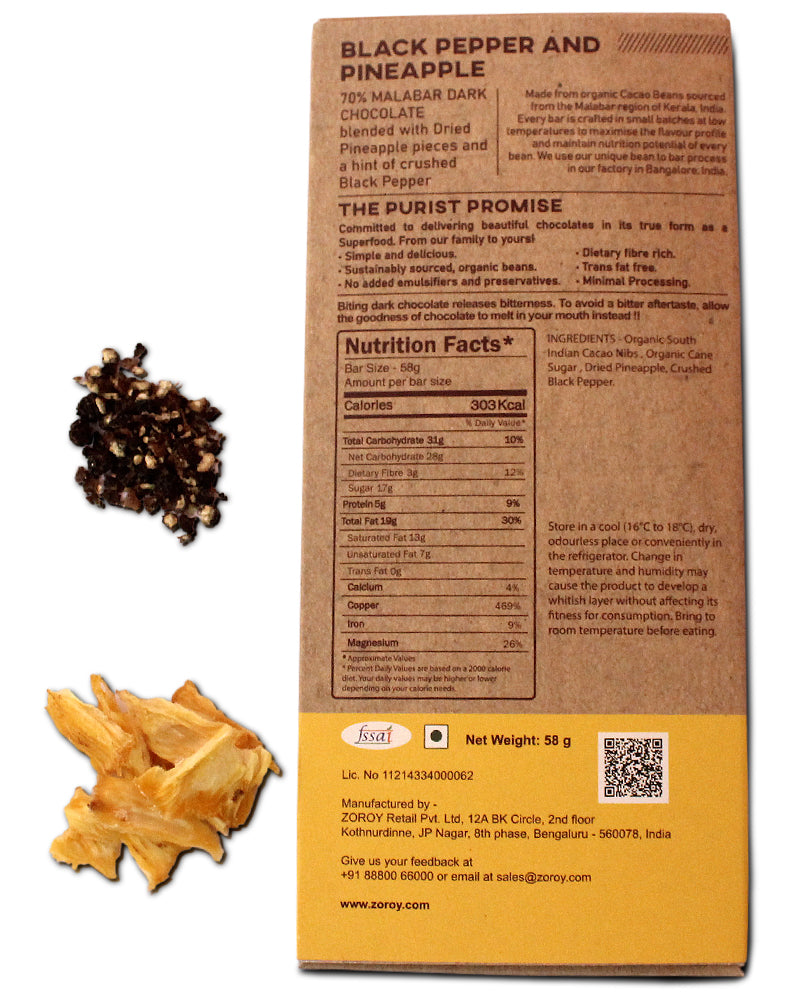 ZOROY Purist Collection, Set of 2 70% Organic Dark chocolate, with Pineapple and pepper - 116gms