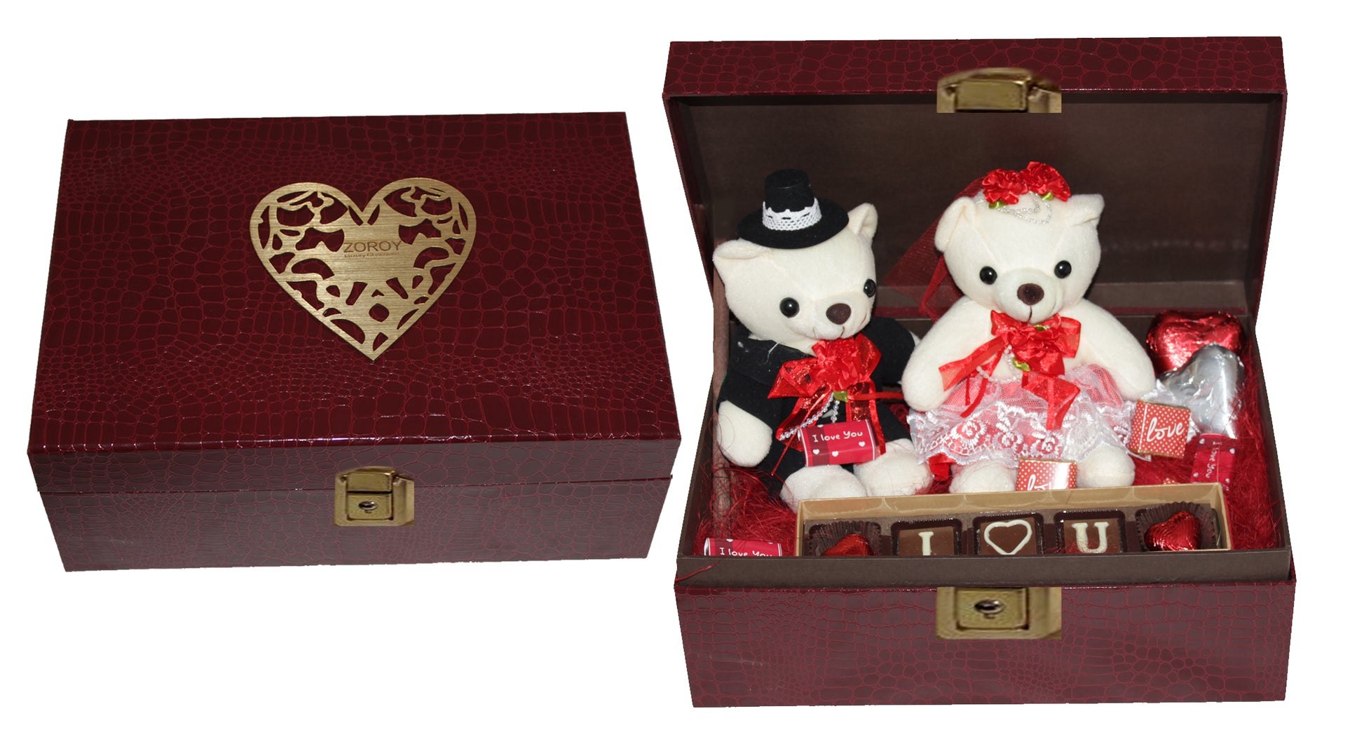 ZOROY Couple Love Hamper- Pair of teddies and chocolates in Leather Hamper box