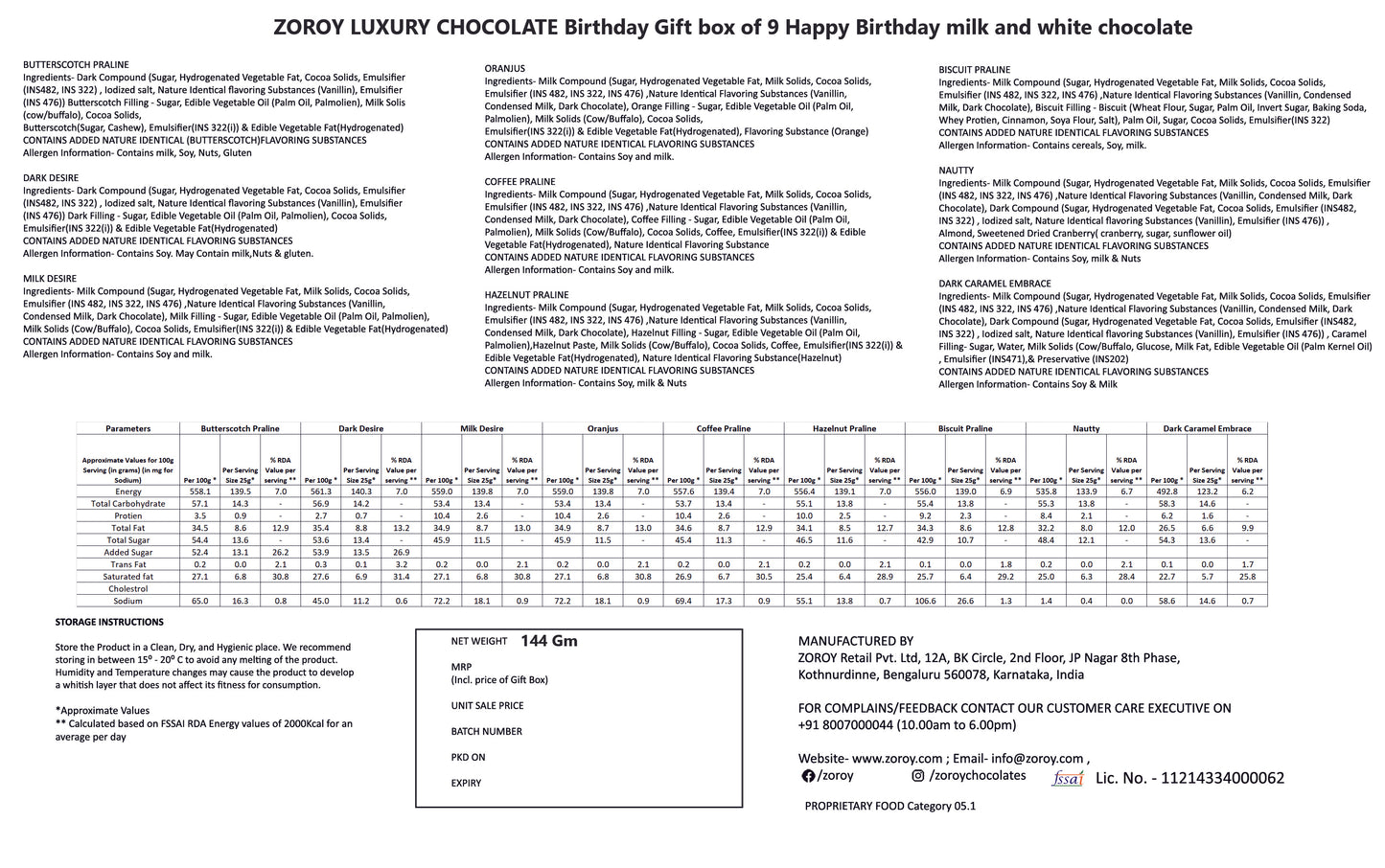 ZOROY Birthday Gift box of 9 Happy Birthday milk and white chocolate