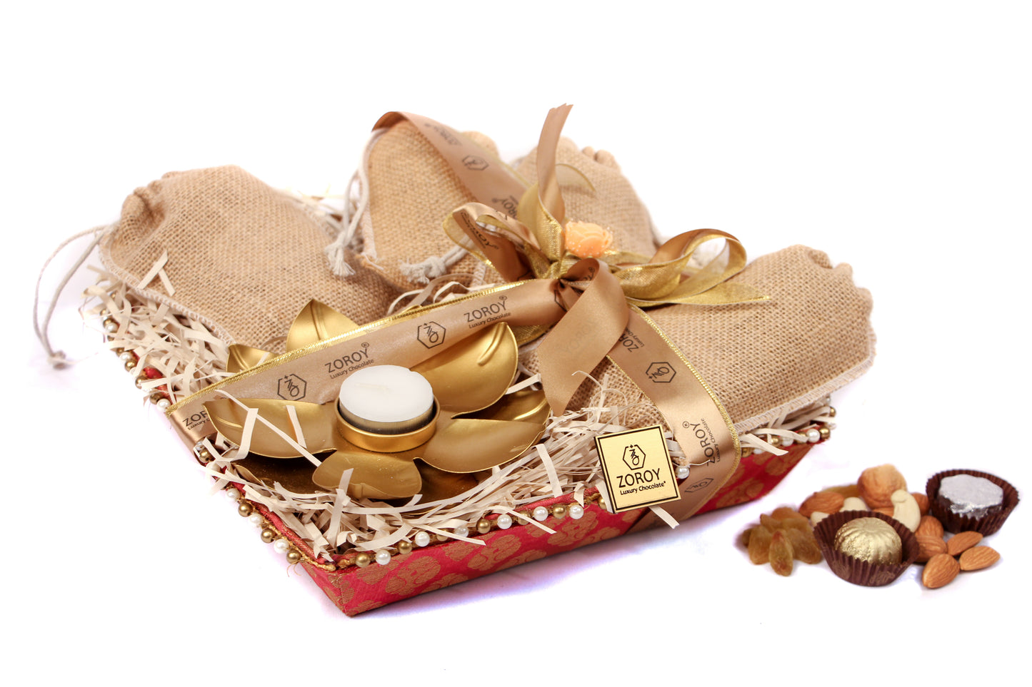 Diwali Brocade tray with dry fruit, chocolate and t lite combo