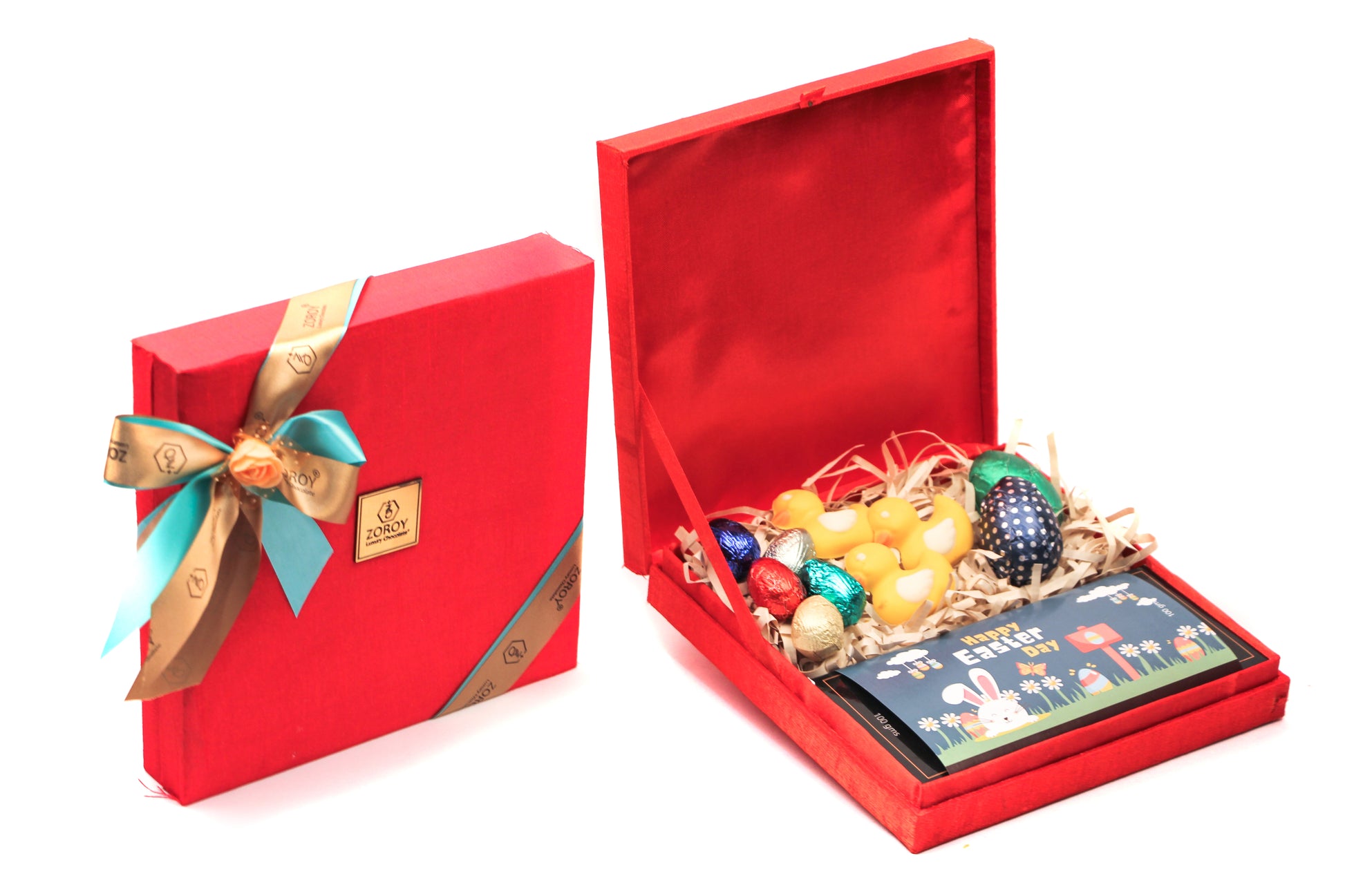 ZOROY Easter Silk box with Easter Message Belgian Bar, Egg's, ducks Gift Pack - 230 Gm