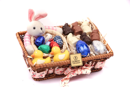 ZOROY Easter Special Square basket with ducks, egg's and bunnies Gift Hamper - 230 Gms