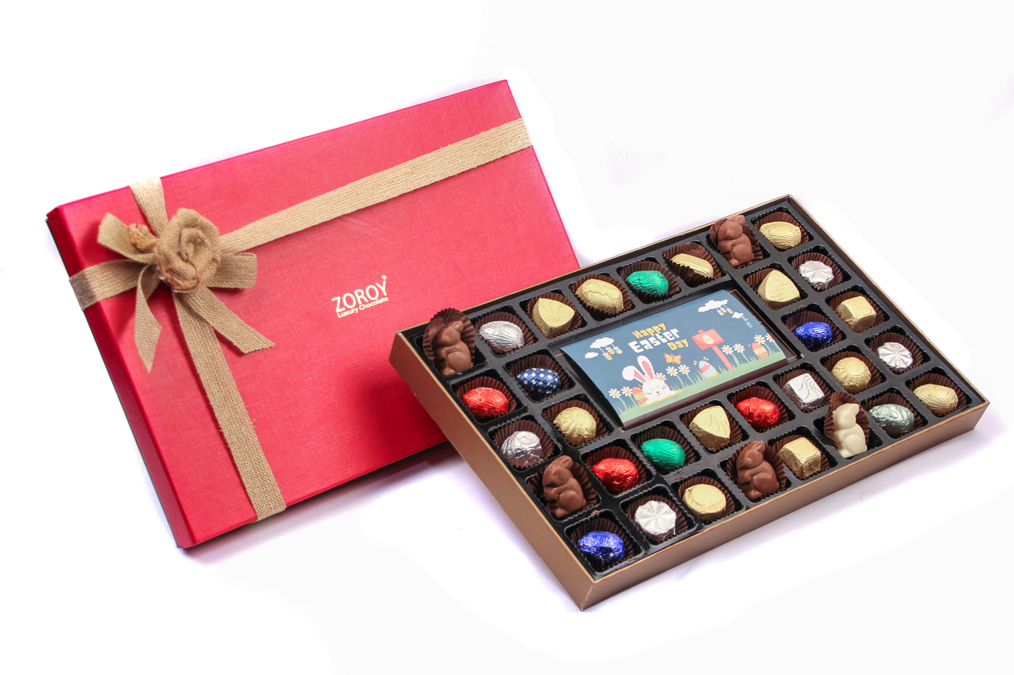 ZOROY Easter Silk box with Easter Message Belgian Bar, Egg's, ducks Gift Pack - 230 Gm