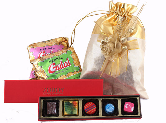 ZOROY Gold Holi Bag - with Herbal Gulaal 5 Colourful Chocolates